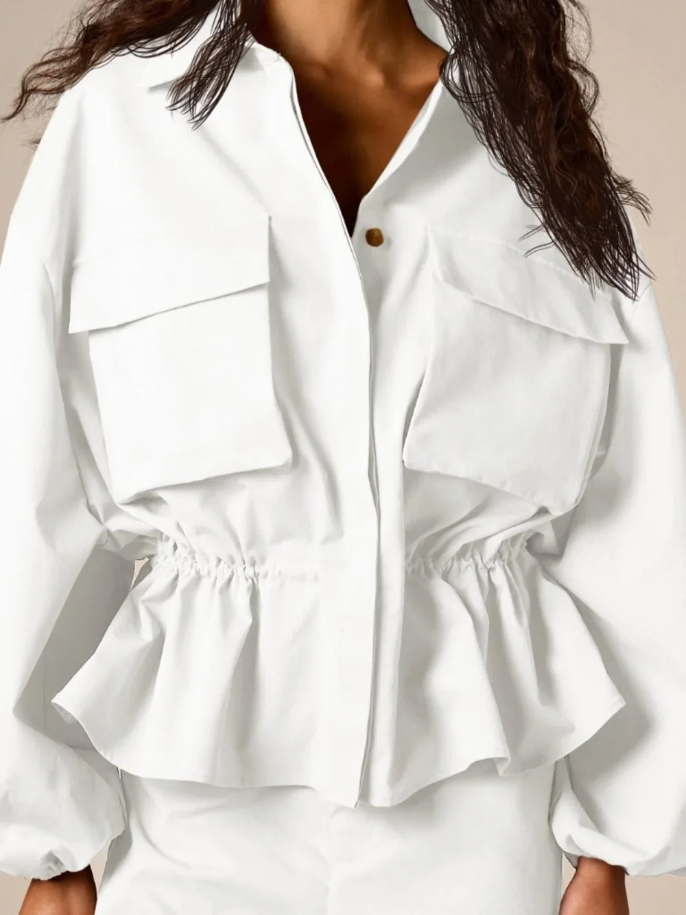 White Casual Women's Oversized Peplum Shirt With Balloon Sleeves